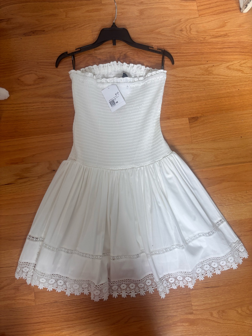 White Smocked Bodice Dress with Lace Trim - Picture 2 of 4